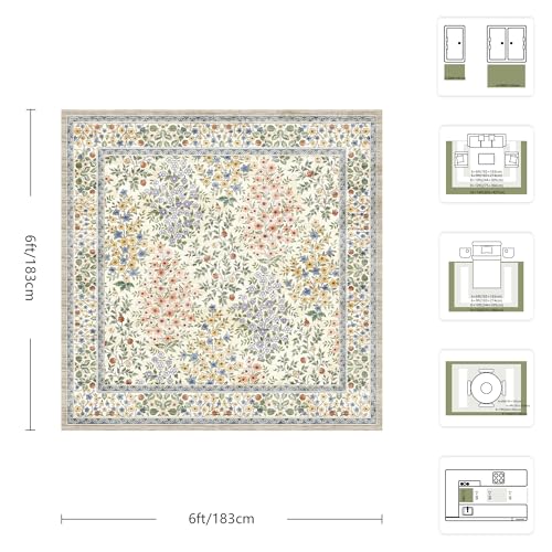 6x6 Square Area Rugs, Machine Washable Low Pile Floral Rugs for Living Room, Bedroom, Large Boho Area Rug with Non-Slip Backing for Dining Room(Beige Floral)