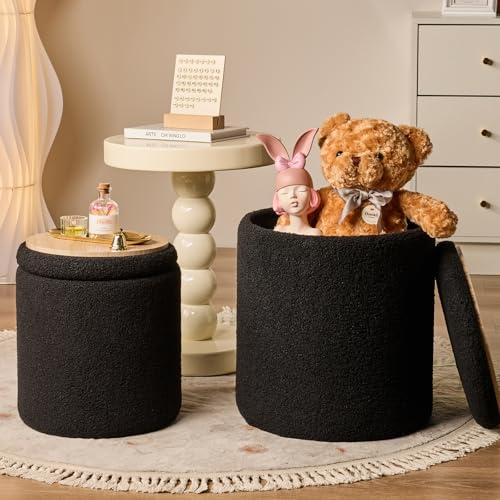 Set of 2 Round Storage Ottoman, Black Boucle Ottoman with Storage