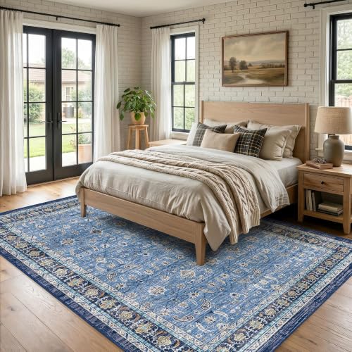 Blue Farmhouse Area Rugs 8x10, Washable Upgraded Non-Slip Living Room Rug, Vintage Distressed Floral Print Pattern Low Pile Carpet for Bedroom, Dining Room, Home Office, Kitchen, Blue Multi