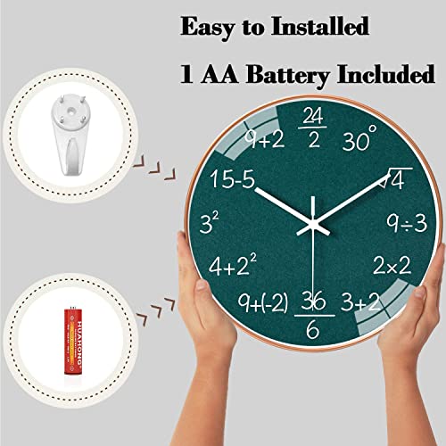 QINFIEY 12 Inch Math Wall Clock Silent Non Ticking Movement Quality Quartz Wall Clock for Office Classroom/School/Home/Kitchen/Living Room Wall Decorations (Green)