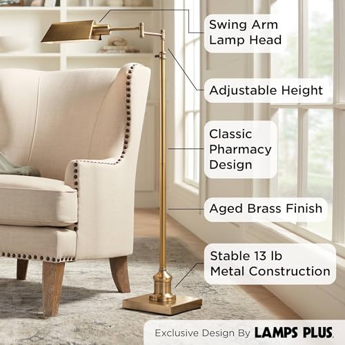 Regency Hill Jenson Traditional Farmhouse Metal Adjustable Pharmacy Floor Lamp Swing Arm 54" Tall Aged Brass Metal Shade Standing Pole Light for Living Room Reading House Bedroom Home Office
