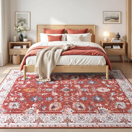 6x9 Area Rugs for Living Room, Washable Rug Vintage Floral, Red