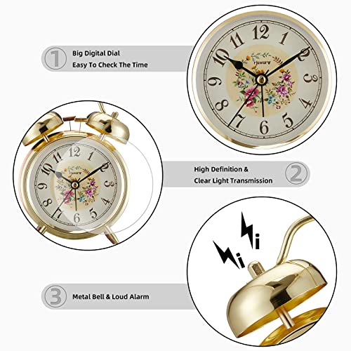 rjuwurv 4" Loud Alarm Twin Bell Alarm Clock, Night Light, Desk Clock Table Alarm Clock Bedroom Alarm Clock(Golden Rural)