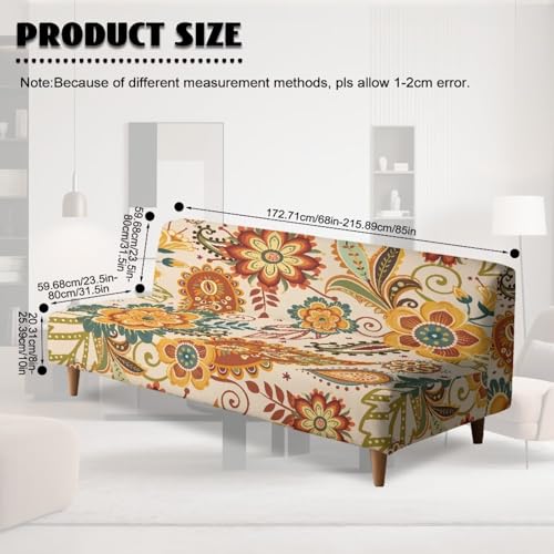Elastic Fabric Sofa Couch Slipcovers Without Armrest, Furniture Protector for Kids and Pets Futon Slipcover Non Slip Protector Hippie Boho Flowers