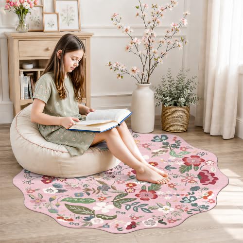4x4 Washable Pink Round Rug: Scalloped Floral Circle Rug for Women Bedroom