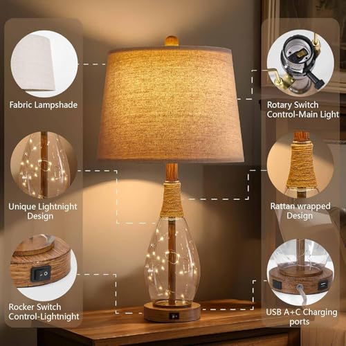 Bedside Table Lamps Set of 2 with USB, Modern Bedside Lamps Retro Farmhouse Rattan Glass Nightstand Nightlight Lamps for Bedroom Living Room Dorm,Two Light Points