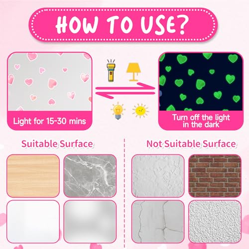 42 pcs Pink Heart Shape Wall Stickers for Girls Bedroom，Glow in The Dark Kids Room Decor, Baby Nursery Ceiling Decals Wallpaper Vinyl Murals