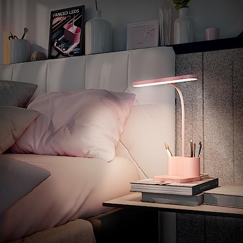 Pink Desk Lamp for Home Office, Cute Table Lights for Bedrooms, Kawaii, Dimmable LED, Flexible Gooseneck, Pen Holder, Touch Control, Room College Dorm Essentials for Teen Girls Kids