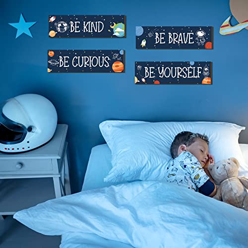 Yookeer 4 Pcs Space Room Decor for Kids Teen Boys Inspirational Outer Space Wall Art Decor Motivational Hanging Galaxy Wood Plaque Sign for Back to School Playroom Nursery Classroom Dorm(Blue)