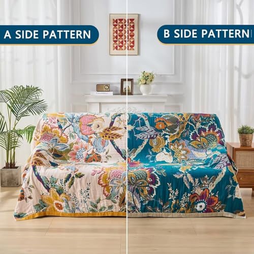 Boho Throw Blanket Farmhouse Decor Throw Blanket Bohemian Blanket for Bed 100% Cotton Muslin Woven Couch Blanket All Seasons Quilt Bedroom (C-Beige, 50"x60")