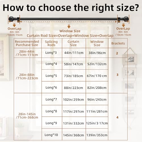 Curtain Rods for Windows 28-44 inch, 5/8 inch Black Curtain Rod Set, Splicing Heavy Duty Rod with Brackets, Decorative Curtain Rod for Bedroom, Living Room, Kitchen, Outdoor, Patio