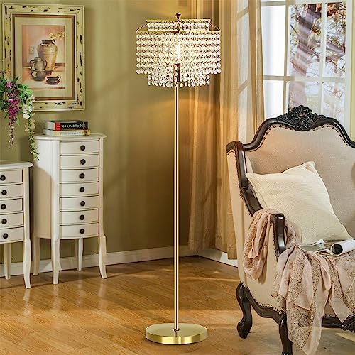 Gold Crystal Floor Lamp, 64" Tall Elegant Standing Lamp with On-Off Foot Switch, Double-Layer Lampshade, Standing Floor Lamps for Living Room, Bedroom, Office, 8W LED Bulb Included