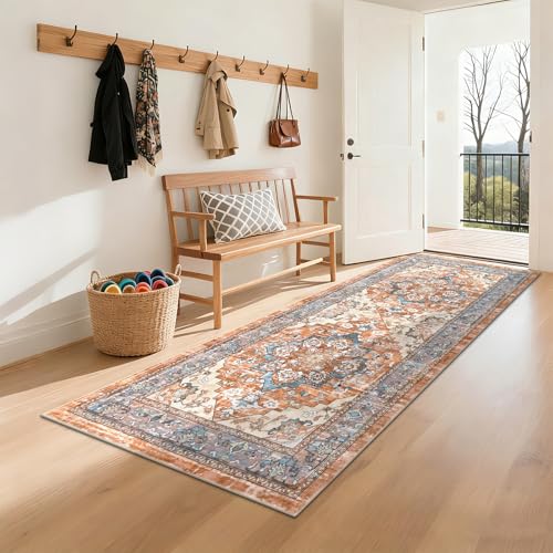 Washable Runner Rug 3x6, Floral Non Slip Boho Hallway Runner Rug with Rubber Backing, Low Pile Faux Wool Distressed Carpet for Kitchen, Laundry, Bedroom, Entrance
