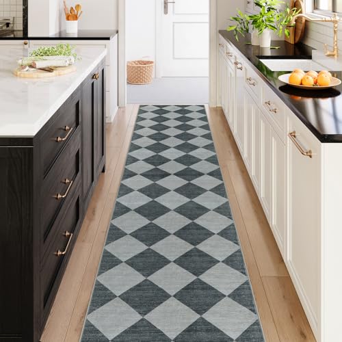 Checkered Rug Runner for Hallways 2.5x12, Kitchen Runner Rugs Non Skid Washable Ultra Thin, Moroccan Extra Long Carpet for Bathroom Decor, Modern Plaid Carpet for Kitchen (Blue/Grey)