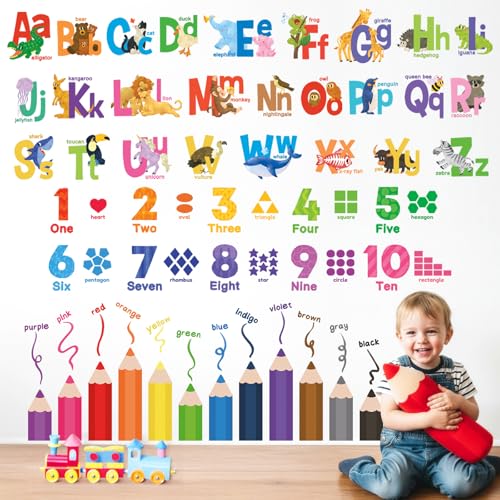DECOWALL SG3-2316 Alphabet Numbers and Colouring Pencils Wall Stickers Decals Classroom Kids playroom Art Play Room Rainbow ABC Decorations Toddler Color Child Preschool Living Baby Girl Baby boy