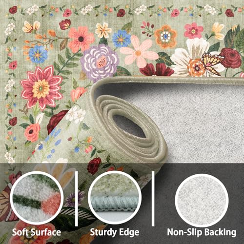Green Floral Hallway Runner Rug 3x7 for Bedroom Kitchen
