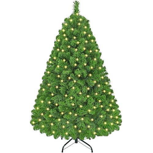 Yaheetech 4.5ft Pre-lit Artificial Christmas Tree with Incandescent Warm White Lights, Flocked Full Prelighted Xmas Tree with 340 Branch Tips, 150 Incandescent Lights & Foldable Stand, Pure Green