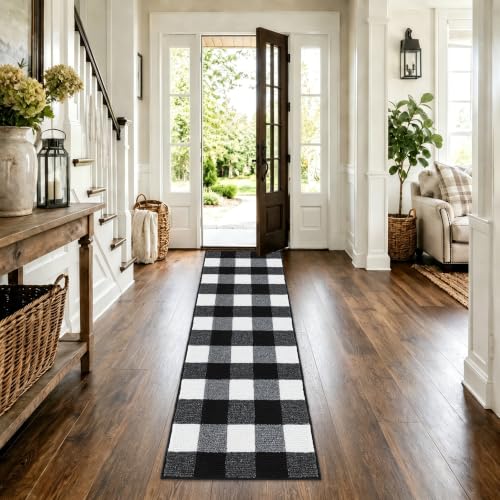 FONEYI Buffalo Plaid Rug 20 x 59 Inches, Non Slip Black and White Check Rugs Indoor or Outdoor Rugs for Layered Door Mats, Washable Fall Front Door Mat for Front Porch, Kitchen, Farmhouse, Entryway