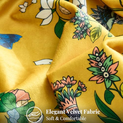 Mustard Yellow Floral Pillow Covers 18x18 Set of 2, Velvet Wild Flower Plant Throw Pillows Case, Square Farmhouse Decor Cushion Covers for Home Sofa Bed Couch