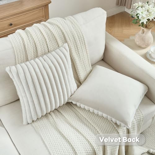 FUTEI Pack of 2 Fluffy Faux Fur Throw Pillow Covers 18x18 Inch Elegant Striped Textured Decorative Cushion Cases Modern Accent Pillow for Couch Bed Living Room, Cream White