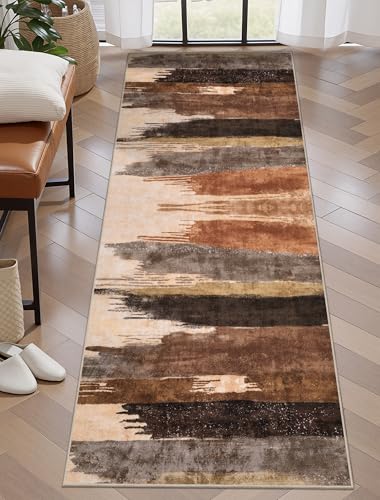 2x6 Runner Rugs for Hallway Kitchen, Modern Abstract Washable Brown