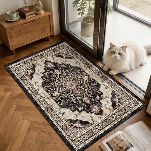 2x3 Washable Entryway Rug, Black Rusty Red
