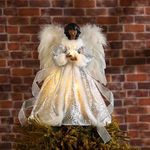 12.2'' Black Angel Christmas Tree Topper with Lights Standing African American Christmas Decorations Black Angel Figurines Treetop for Xmas Home Decor Winter Holiday(White,Cute Style)