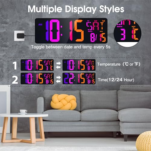 XREXS Large Digital Wall Clock Bluetooth Sync, 17.2" RGB Color Changing Digital Clock with Remote Control, Adjustable Brightness Grandfather Clock, Temperature for Home, Gym and Classroom