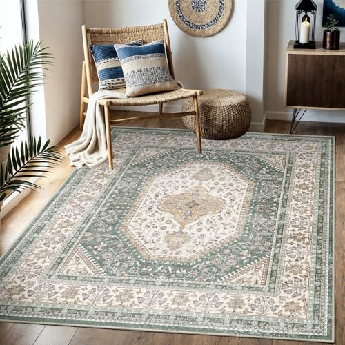 5x5 Square Washable Area Rug - Non-Slip Living Room Rugs Green Beige