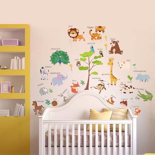 LOMILY Animal Learning Wall Stickers, Educational Cute Animal Wall Decals for Nursery Playroom Daycare, Wall Decor for Toddler Baby Boys Girls