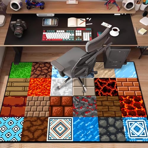 Game Rug Teen Boys Carpet with Pixel Game Element Decoration, 8 Bit Old Games Rugs for Boy’s Bedroom Living Room Playroom, Non-Slip Children Gaming Area Rugs (70" x 55")