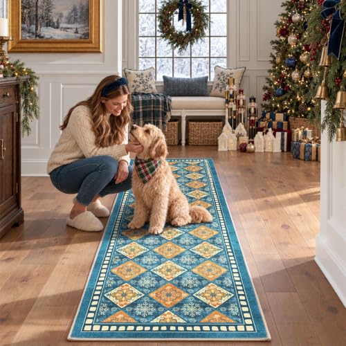 Blue Christmas Runner Rug 2x6, Washable Rug for Hallway, Checkered