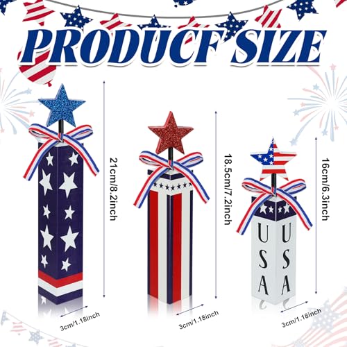 3 Pcs Patriotic Wooden Table Decor, 4th of July Tiered Tray Decor, Red White Blue Star Firework Centerpieces, USA Flag Wooden Blocks for Independence Day Memorial Day Home Decor
