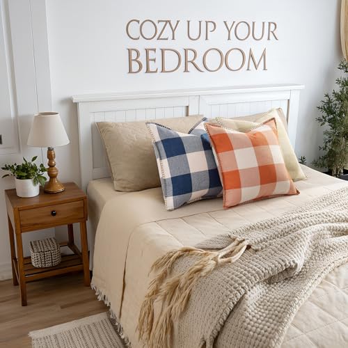 decorUhome Fall Buffalo Plaid Check Throw Pillow Covers 18x18 Set of 2 Outdoor Linen Decorative Farmhouse Gingham Coastal Pillow Covers with Stitched Edge for Bed Couch Sofa, Navy Blue and White