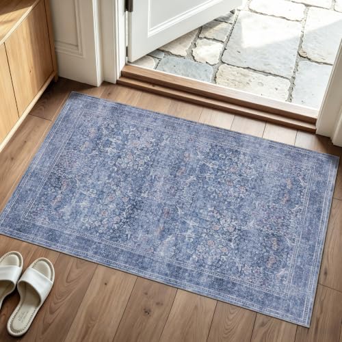 JOLLYVOGUE Entryway Rug, 2x3 Washable Vintage Floral Rug, Dusk Blue