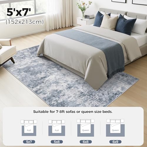 WITSHOCK 5x7 Area Rugs for Living Room: Machine Washable - Non Slip Modern Abstract Rug for Bedroom Under Dining - Stain Resistant for Household - Pet Owners (Blue)