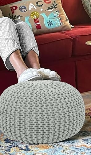 COTTON CRAFT Round Ash Grey Pouf - Hand Knitted Braided Cord Dori Ottoman