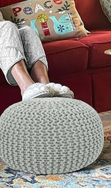 COTTON CRAFT Round Ash Grey Pouf - Hand Knitted Braided Cord Dori Ottoman