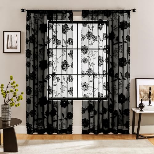 Treatmentex Black Sheer Lace Curtains for Bedroom Living Room Studio 84inch Long Vintage Rose Floral Embroidered Semi Sheer Curtain Panels Privacy Leaf Sheer Drapes with Scalloped Edge 54" w 2pcs 7ft