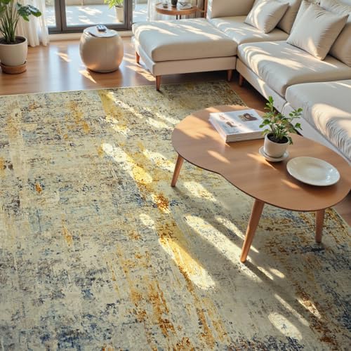 Living Room Rug 8x10 Beige Area Rugs Machine Washable Abstract Boho Large Carpet Non-Slip Non-Shedding Faux Wool Indoor Vintage Rug for Bedroom, Classroom, Dining Room, Kids Playroom