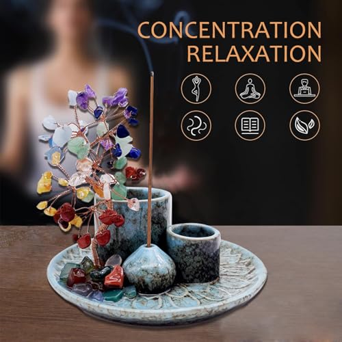 5 in 1 Incense Burner Holder with Crystal Healing Tree, Palo Santo Holder, Sage Holder, Incense Holder for Sticks/Cones/Candles, Ceramic Tray Ash Catcher for Burning Incense, Meditation Gift