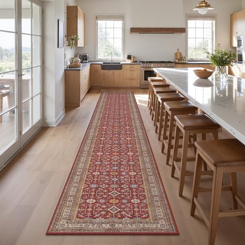 Oriental 2x12 Runner Rug Vintage Hallway Runner Rug Non Slip Machine Washable Stain Resistant Rugs for Bedroom Bedside Kitchen Entryway Burgundy Red Carpet Runners