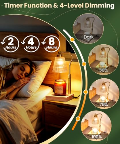 Height Adjustable Candle Warmer Lamp with Timer, 3 Dimmable Wax Melt Warmer, Birthday Gifts for Women Mom, House Warming Gifts New Home Decor, Candle Warmer for Jar Candles with 2 Bulbs，Gold-Amber