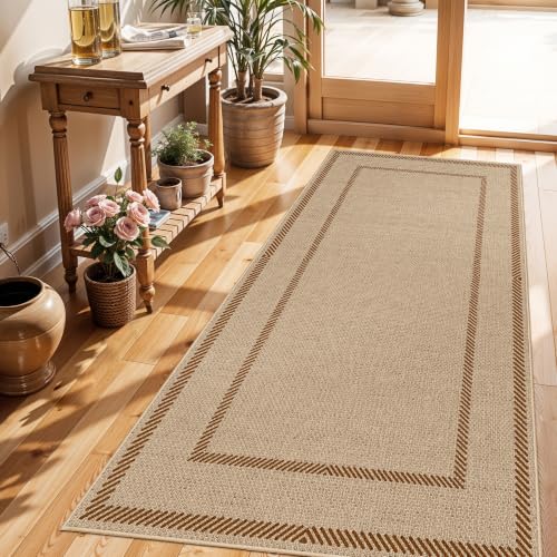 Washable 3x6 Runner Rug Neutral: Non Slip Faux Jute Bordered Geometric Rugs