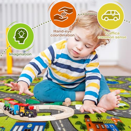 STARUIA Kids Rug Play Mat, 60"x32" Ultra Non-Slip Car Rug for Toddlers, Educational City Road Carpet Car Mat for Kids, Washable Car Kid Rugs for Bedroom Playroom Boys Room Nursery