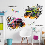 Tanlaby 3D Racing Car Wall Decals Monster Truck Break Through Wall Sticker Peel and Stick Decal for Baby Boys Kids Bedroom Nursery Playroom Decor