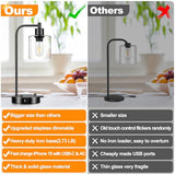Industrial Table Lamp with USB A+C Ports and Outlet, Fully Stepless Dimmable Modern Nightstand Lamp, Glass Shade Bedside Desk Lamp for Bedroom Living Room Office, 8W 2700K LED Edison Bulb Included.