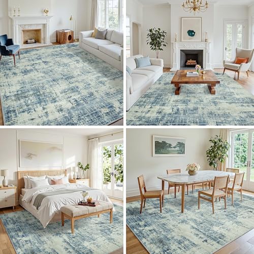 10x14 Washable Area Rug for Living Room Bedroom: Non-Slip Modern Blue Gray