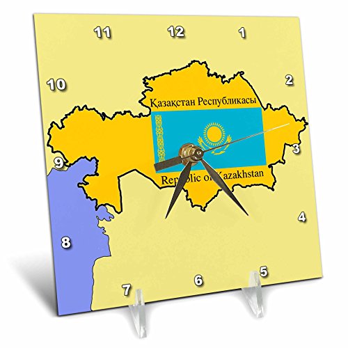 3dRose dc_47325_1 Map and Flag of Kazakhstan with Republic of Kazakhstan Printed in English and Russian Desk Clock, 6 by 6-Inch