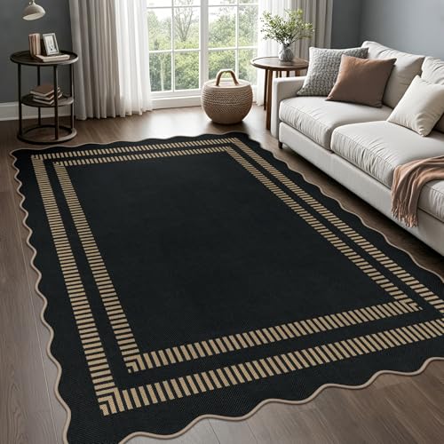 Scalloped Modern Easy Jute Carpet, 5x7 Outdoor Patio Washable Area Rug, Indoor Black Kitchen Rugs Farmhouse Neutral Non Slip Rug for Living Room Patio Entryway